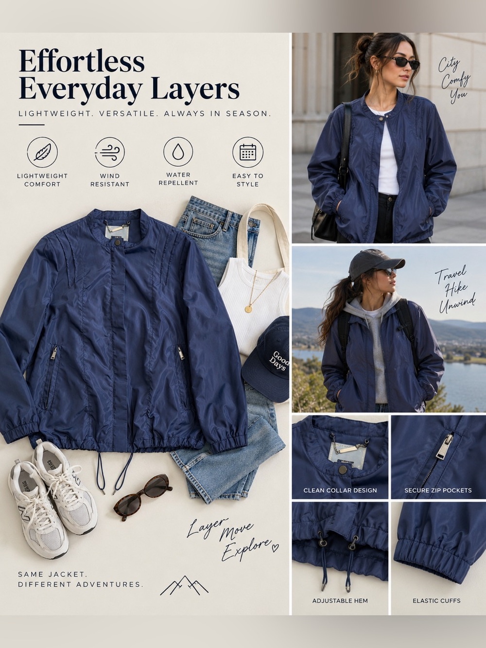 Lightweight Navy Women’s Windbreaker Jacket - Unbranded